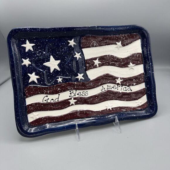 2003 July 4 God Bless America Ceramic Serving Platter Patriotic Stars Stripes - Picture 1 of 9